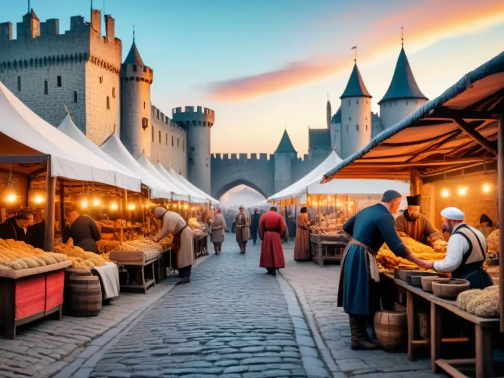 Un mercado medieval bullicioso con artesanos trabajando en sus oficios, mercancías y un castillo al fondo