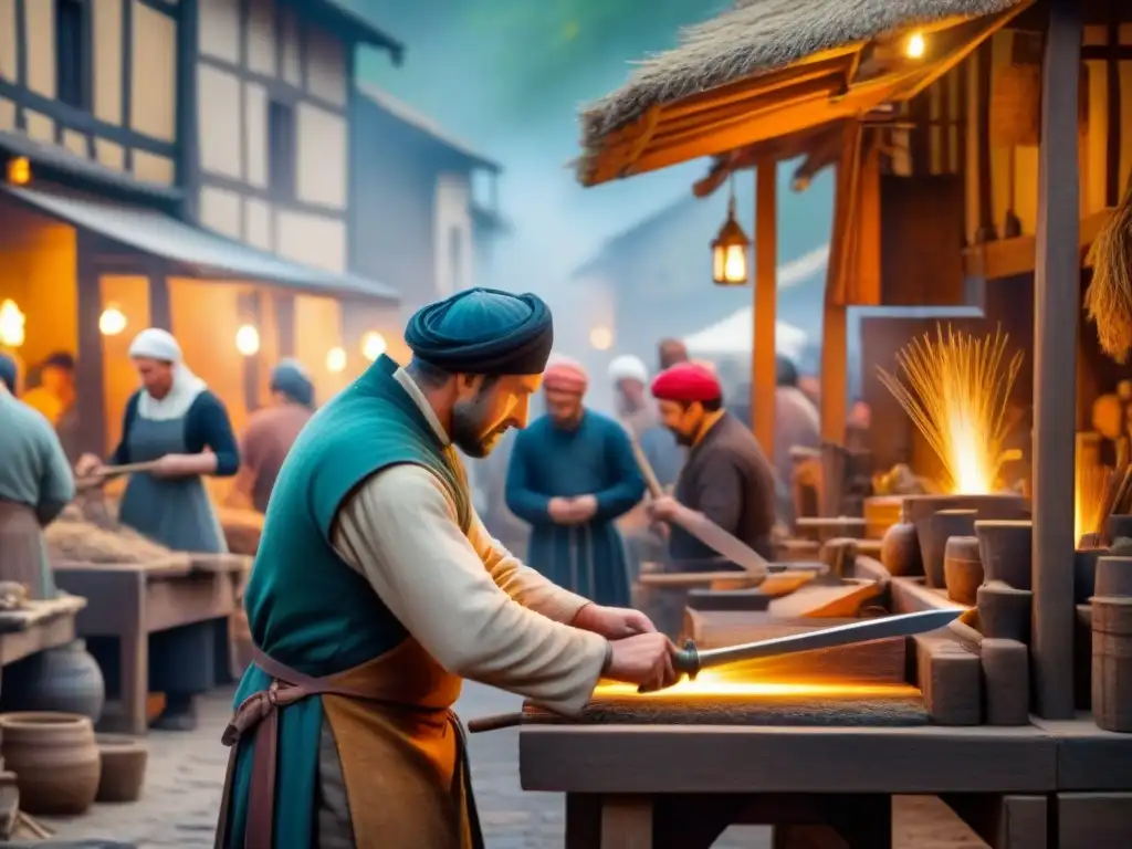 Un mercado medieval bullicioso, artesanos hábiles exhiben sus oficios tradicionales mientras la multitud observa con asombro y curiosidad