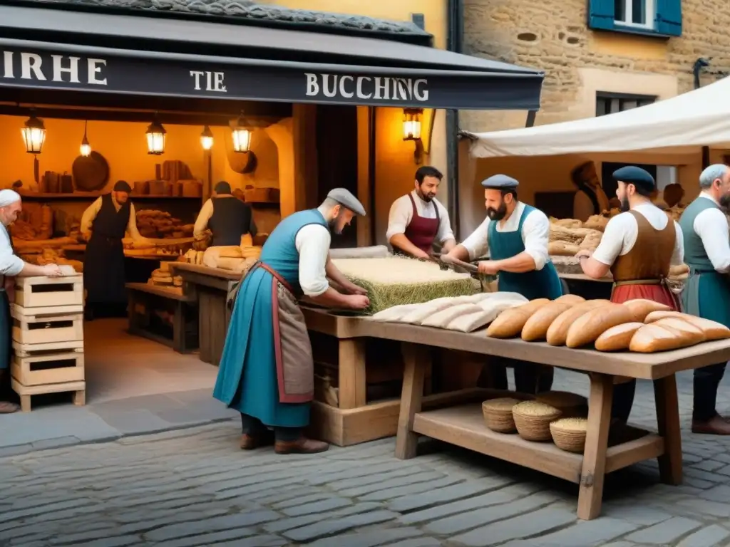 Un mercado medieval bullicioso con artesanos trabajando en oficios tradicionales