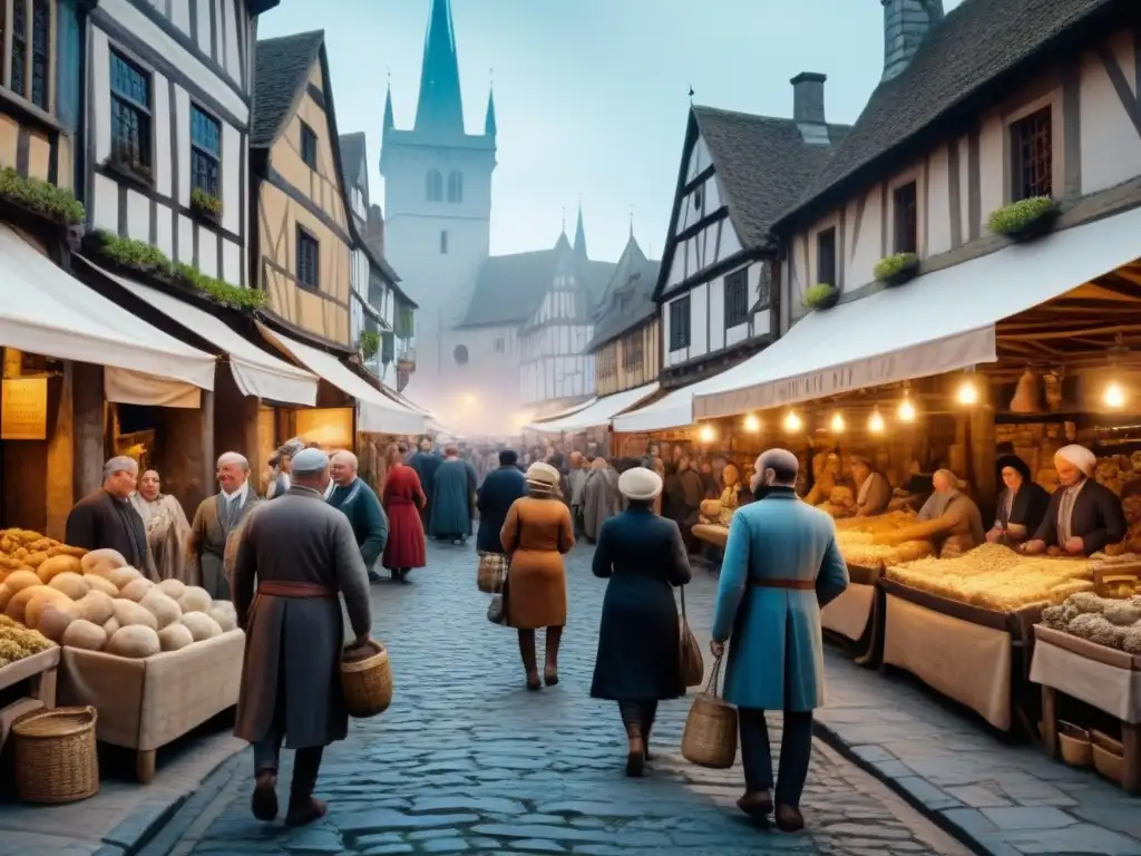 Un mercado medieval bullicioso con gente de diversas culturas comerciando, reflejando la diversidad cultural