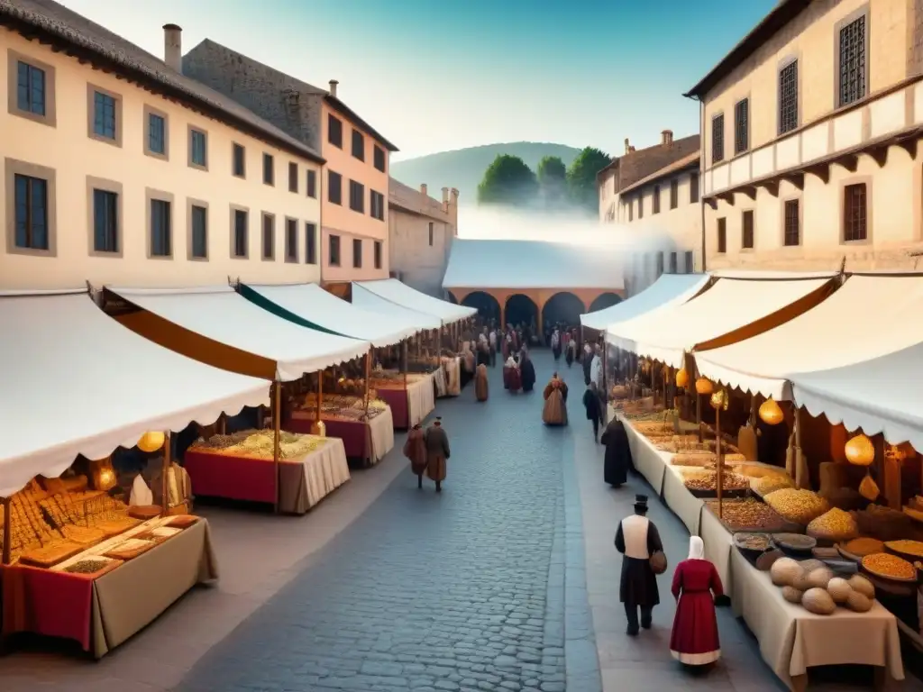 Un mercado medieval bullicioso en la península ibérica, con gente variada y colorida