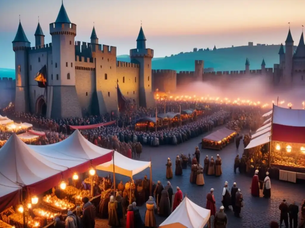 Mercado medieval bullicioso con impacto eventos históricos en genealogía