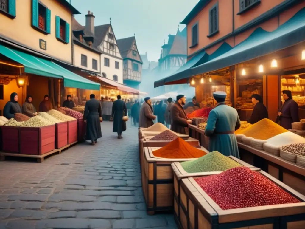 Mercado medieval europeo con especias exóticas, linajes comerciantes y arquitectura histórica