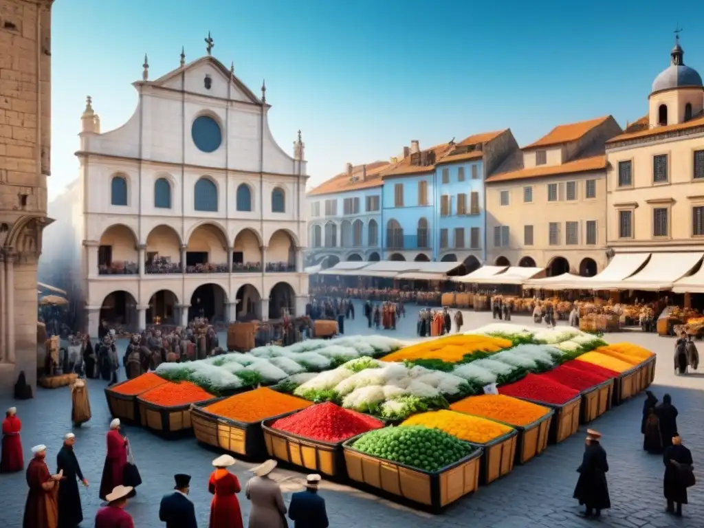 Un mercado renacentista bullicioso con comerciantes, ciudadanos y majestuosos edificios de piedra bajo un cielo azul claro