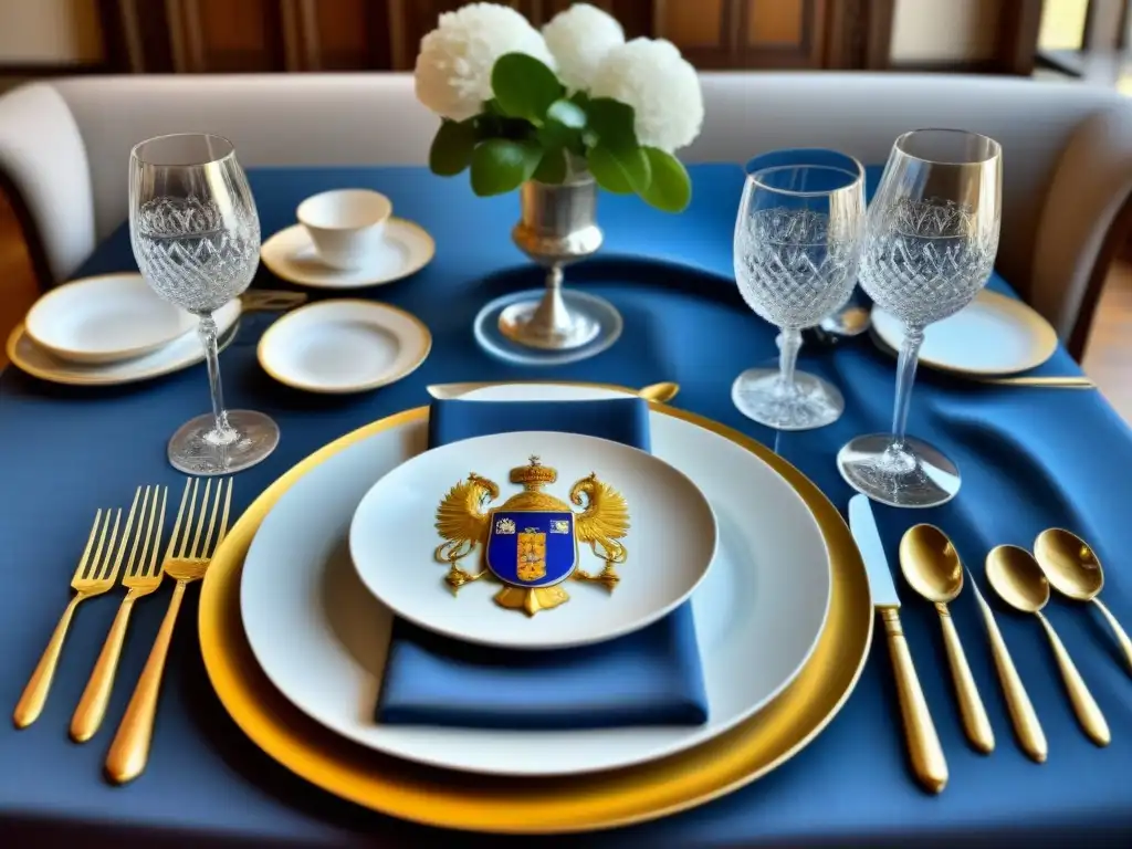 Una mesa elegante con vajilla con escudo de armas en un comedor histórico lleno de lujo y tradición