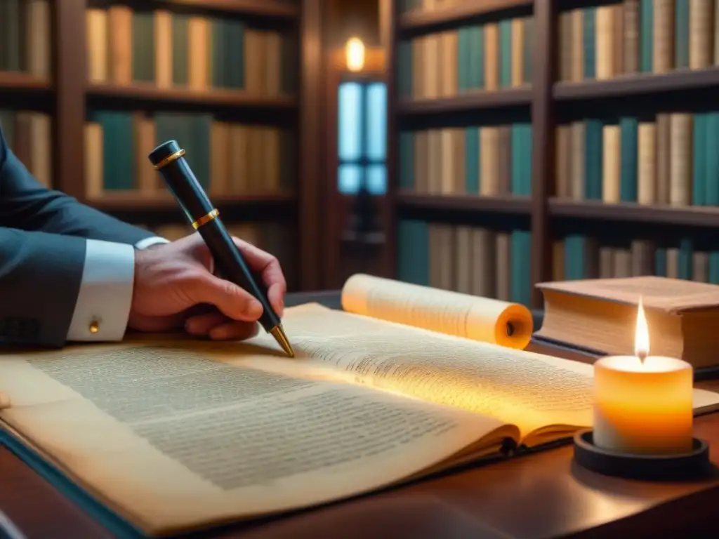 Investigación genealógica meticulosa en una biblioteca antigua con documentos y velas, evitando errores