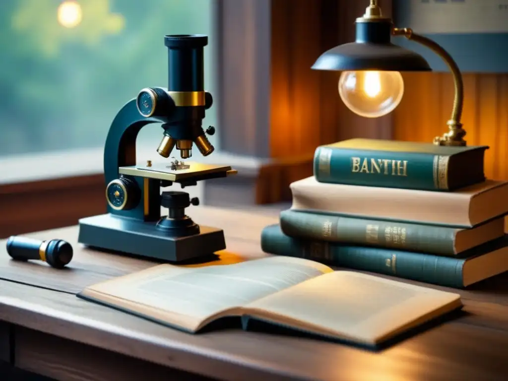 Un microscopio antiguo en una mesa de laboratorio, rodeado de mapas y libros antiguos