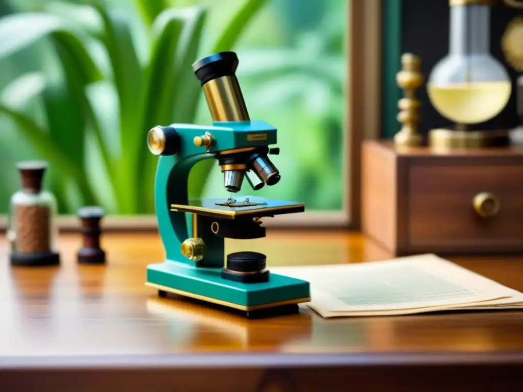 Microscopio vintage sobre escritorio de madera con muestra de ADN iluminada