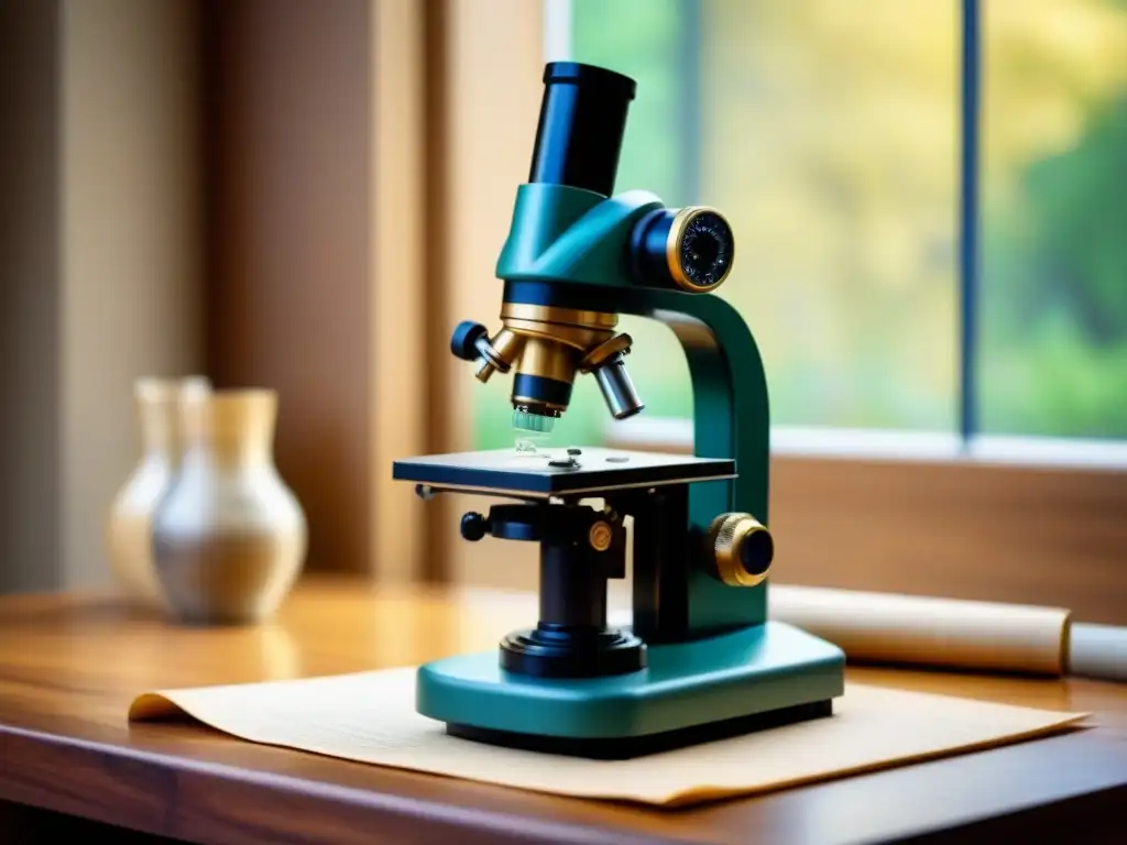 Microscopio vintage sobre papel pergamino con ADN y árbol genealógico, para pruebas de ADN en genealogía familiar