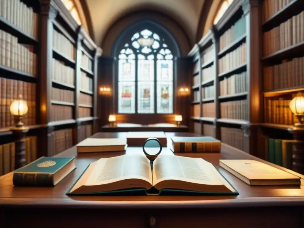 Misteriosa biblioteca antigua con libros polvorientos, mesa de madera y lupa sobre libro abierto revelando un escudo familiar detallado