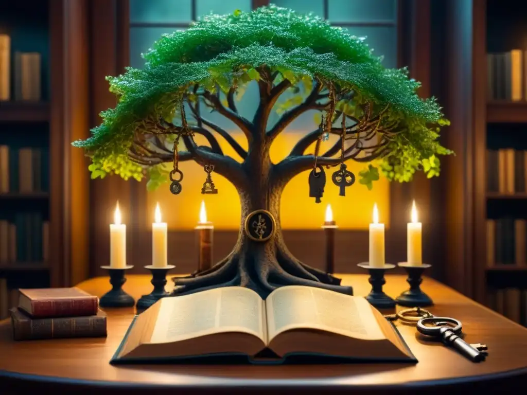 Un misterioso árbol genealógico vintage con llaves antiguas y pergaminos, en una biblioteca iluminada por velas