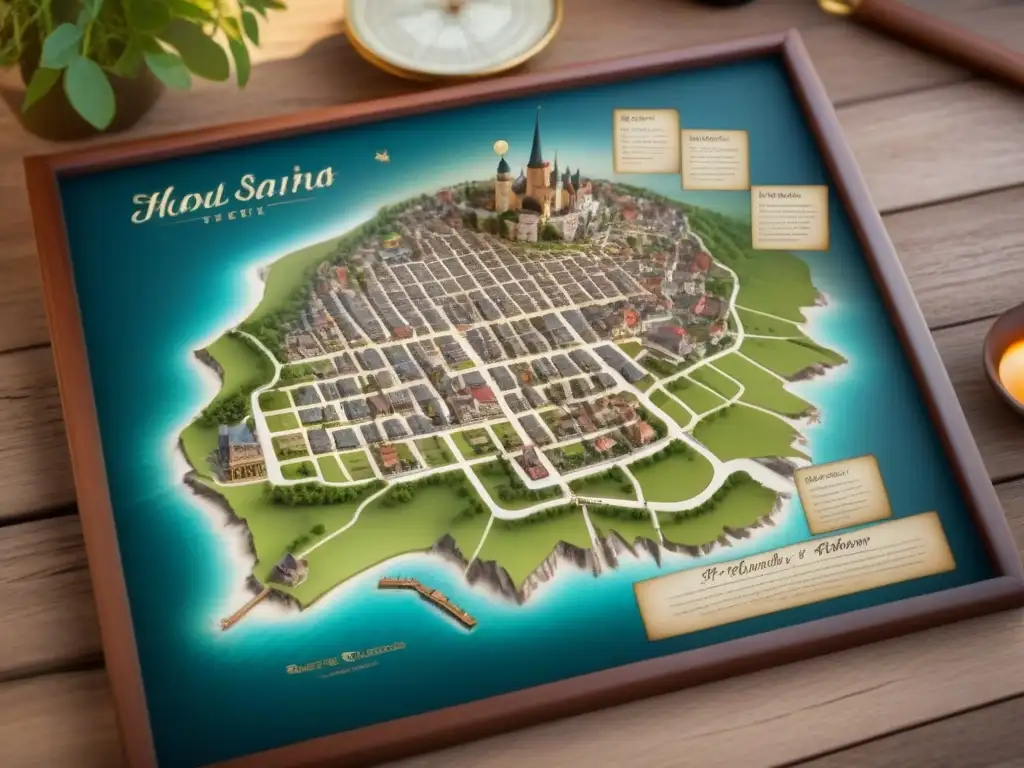 Un misterioso mapa vintage detallado de una ciudad histórica, perfecto para rastrear apellidos técnicas secretos