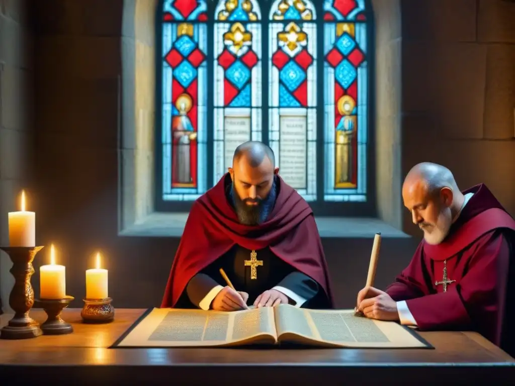 Monjes transcribiendo apellidos en un scriptorium medieval iluminado por velas