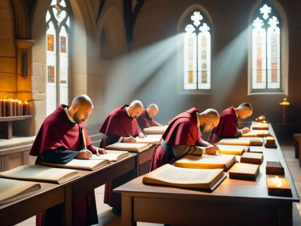 Monjes medievales en scriptorium de un monasterio, transcribiendo manuscritos a mano