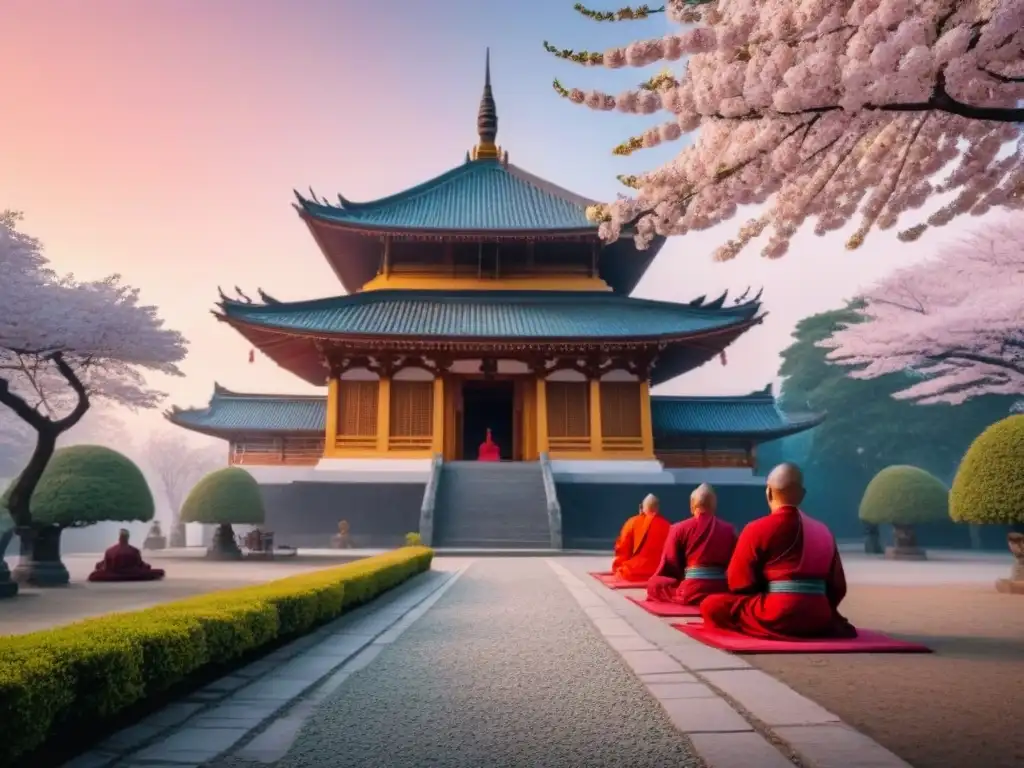 Monjes meditan en templo budista entre cerezos en flor al atardecer