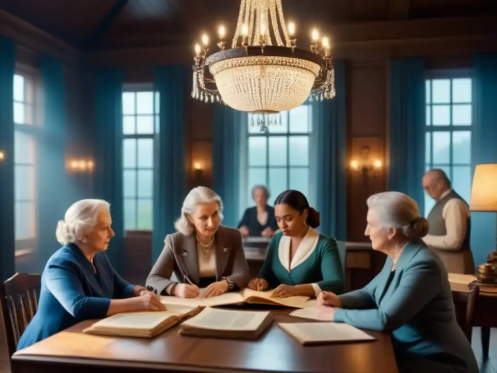 Mujeres de diferentes generaciones investigan genealogía, iluminadas por candelabro antiguo