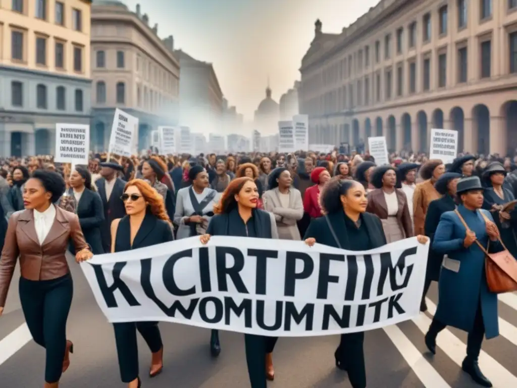 Mujeres marchando juntas por los derechos con mensajes empoderadores en una plaza de ciudad antigua