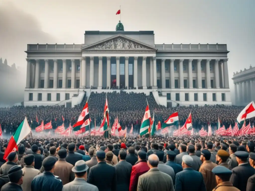 Multitud en un mitin político del siglo XX, con banderas ondeando frente a un edificio gubernamental