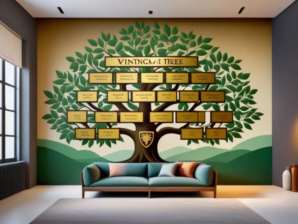 Decoración mural con símbolos heráldicos en árbol genealógico vintage detallado y elegante