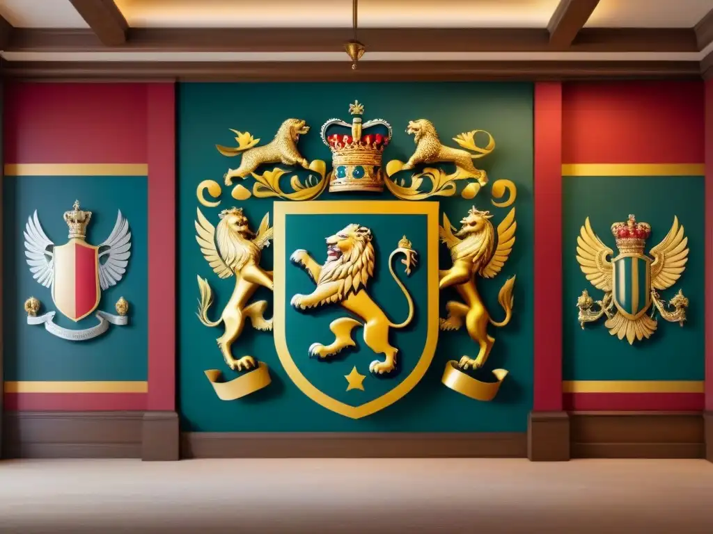 Decoración mural con símbolos heráldicos: Majestuoso escudo de armas con leones, águilas y escudos en colores vibrantes y detalles dorados