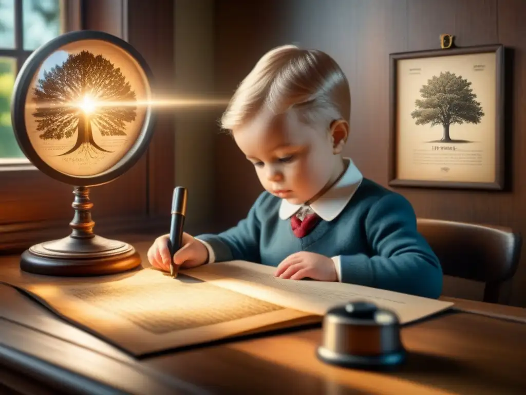 Un niño examina fotos antiguas y un árbol genealógico en su escritorio, iluminado por el sol