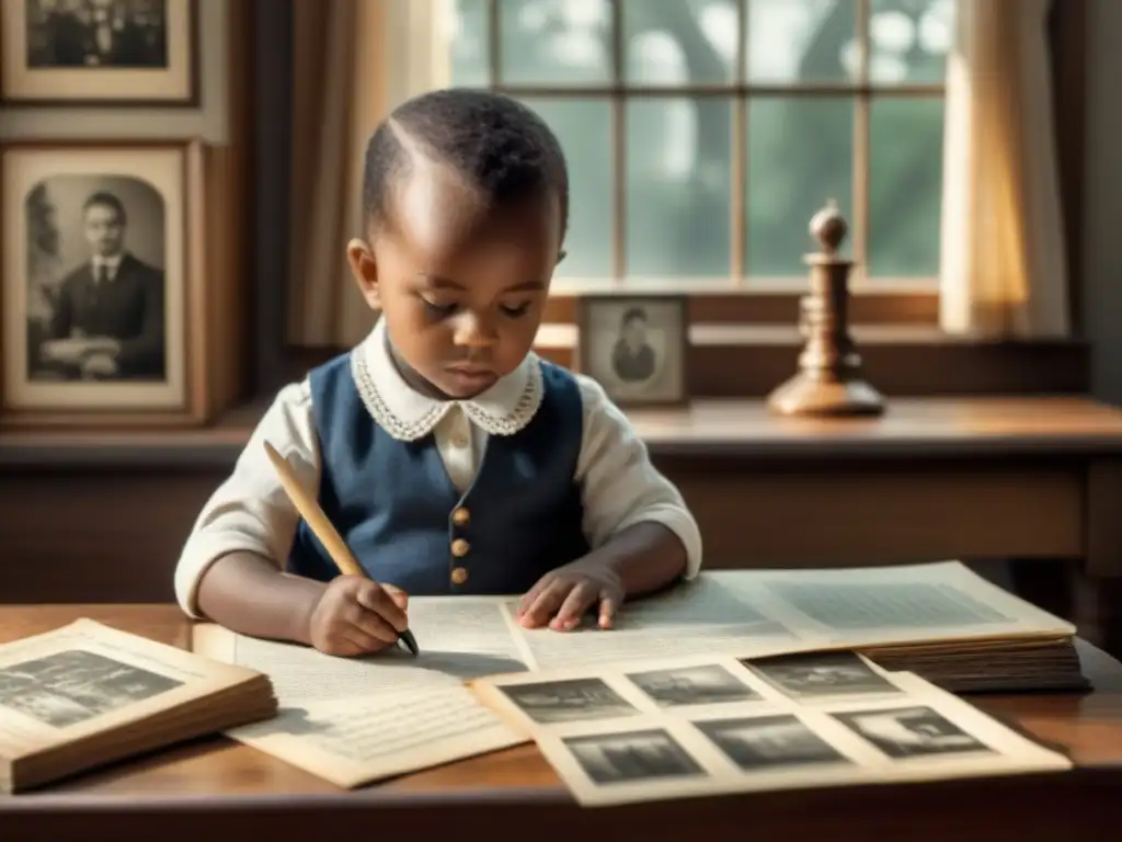 Niño explorando genealogía familiar con fotos antiguas y árbol genealógico en mesa de madera