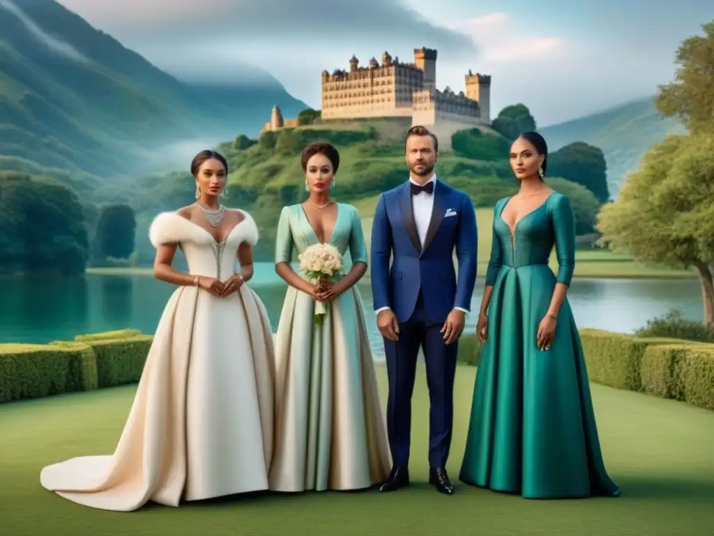 Una noble familia posa con elegancia frente a su ancestral castillo, representando historias apellidos nobiliarios redescubiertos