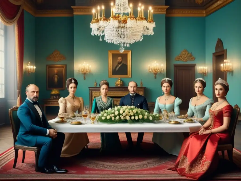 Una ilustración vintage de una noble familia rusa en una lujosa cena, exudando elegancia aristocrática y riqueza histórica