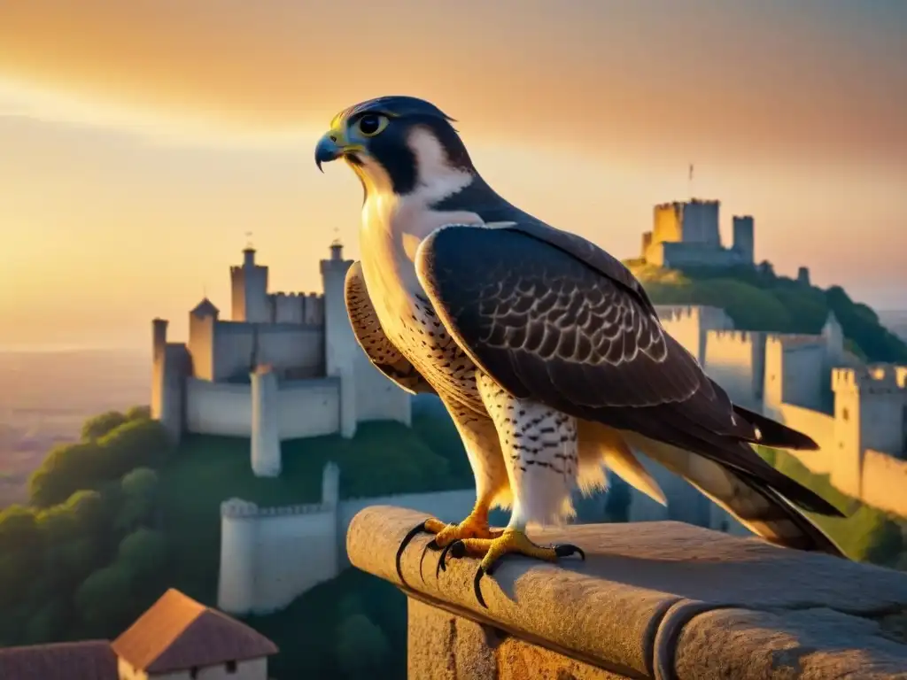 Un noble halcón en el guante de un señor, frente a un castillo medieval ibérico al atardecer dorado