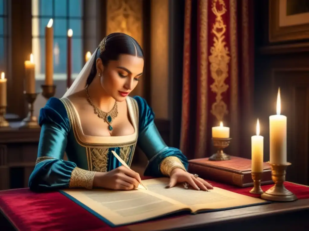 Una noble mujer medieval firmando un documento con pluma, rodeada de tapices e iluminada por velas