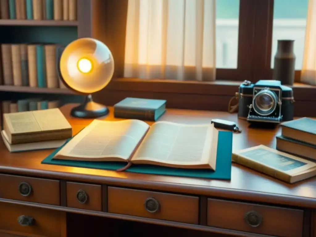 Un nostálgico escritorio vintage con fotos de familia, libros de genealogía y mapas, iluminado por suave luz solar