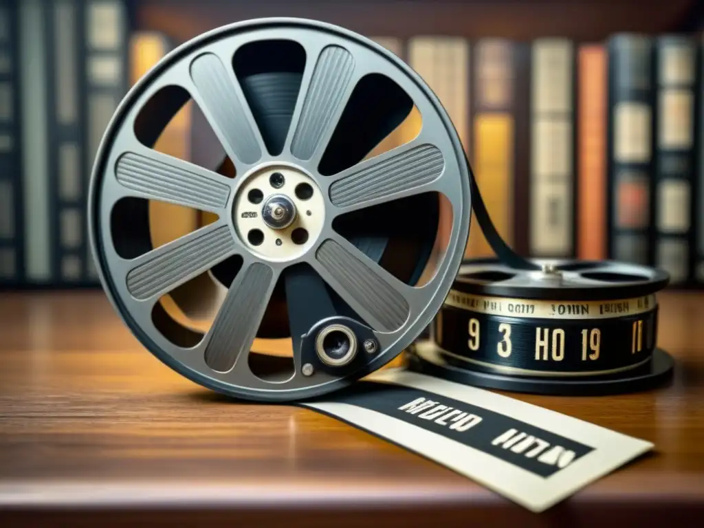 Un nostálgico homenaje a la historia de apellidos en cine, con un antiguo carrete de película rodeado de reliquias cinematográficas