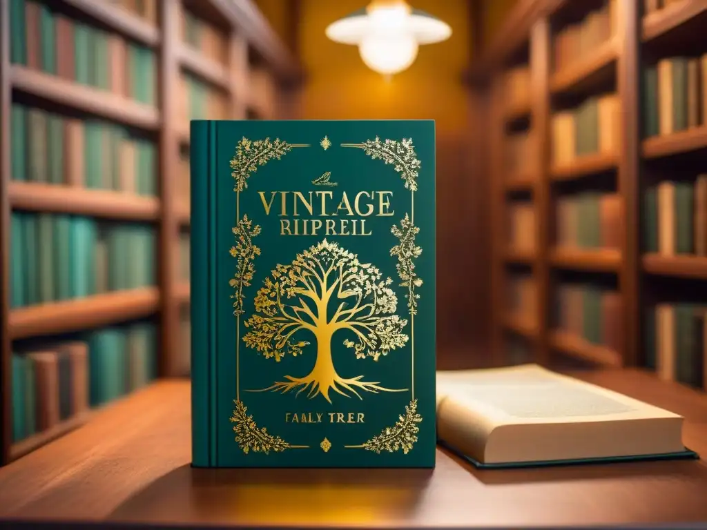 Una novela personalizada con árbol genealógico en una biblioteca vintage, evocando nostalgia y narrativa