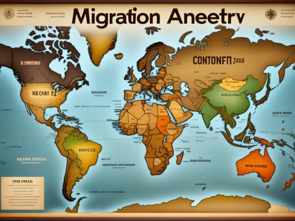 Una obra detallada que muestra rutas de migración y conexiones genéticas en tonos sepia, resaltando orígenes étnicos y geográficos ADN