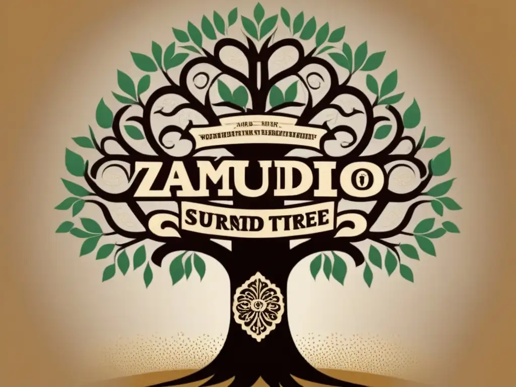 Árbol genealógico vintage de la familia Zamudio: un viaje cultural Origen del apellido Zamudio: Detallado árbol genealógico vintage con símbolos culturales como papel picado y calendarios aztecas