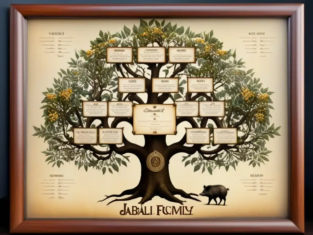 Origen del apellido Jabalí: Detallado árbol genealógico vintage de la familia Jabalí con caligrafía, tonos sepia y decoraciones de jabalíes y ramas