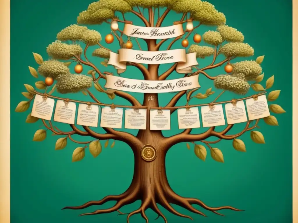 Origen apellidos genealogía historia: Intrincado árbol genealógico de familias de Jane Austen, con elegante caligrafía y motivos florales