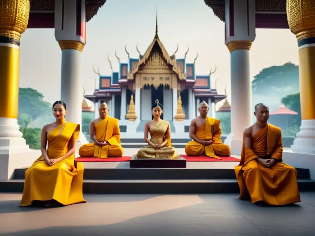 Origen de apellidos tailandeses realeza: Detalle de la corte real de Tailandia con monarcas y monjes budistas en un escenario majestuoso
