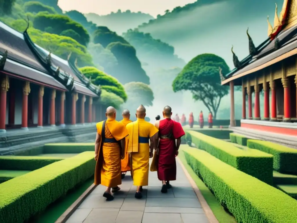 Origen de apellidos tailandeses realeza: Ilustración vintage de una procesión real en Tailandia, con nobles y monjes otorgando apellidos