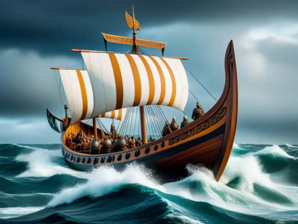 Origen apellidos vikingos genealogía: Ilustración detallada de un drakkar vikingo navegando en mares tormentosos bajo un cielo dramático