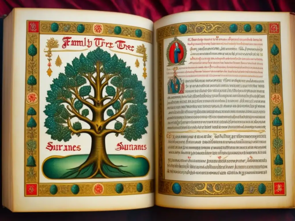 Una página iluminada de manuscrito vintage con un detallado árbol genealógico y ornamentos, representando la historia de apellidos en genealogía