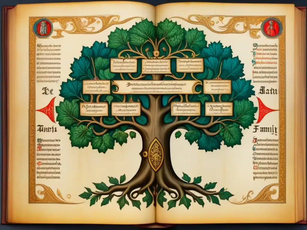 Una página de manuscrito medieval iluminado con un detallado árbol genealógico y ornamentada caligrafía, mostrando la historia de apellidos medievales