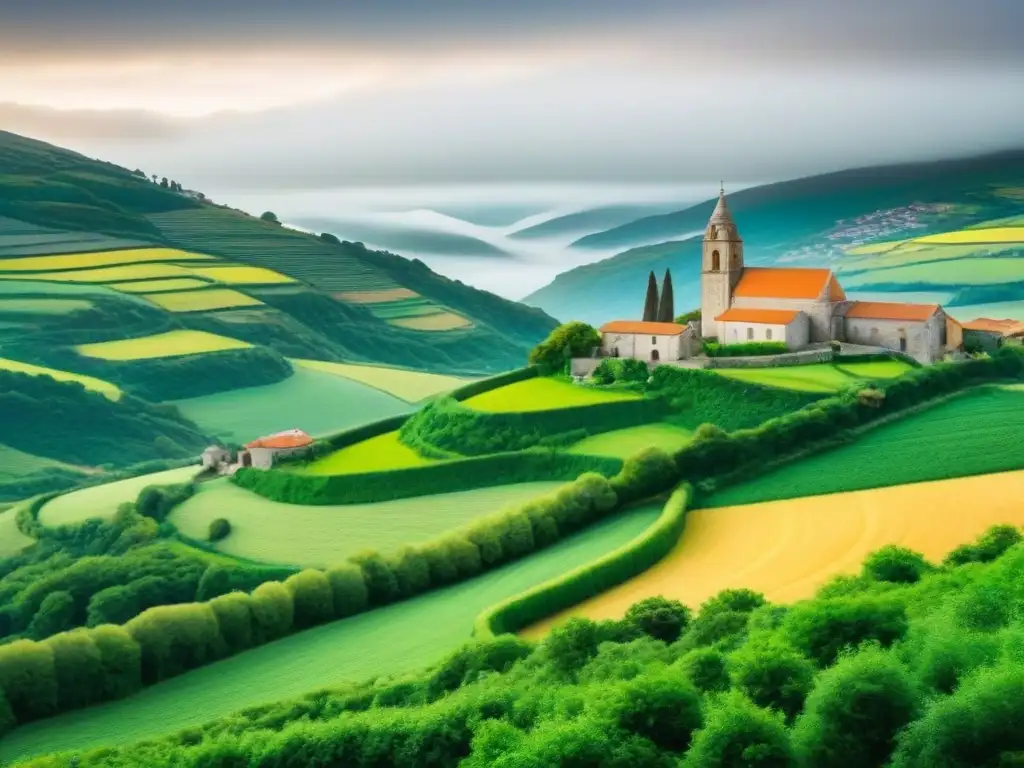 Paisaje ancestral de Galicia con casas de piedra, vegetación exuberante y una iglesia medieval en medio de colinas, bajo un cielo dramático