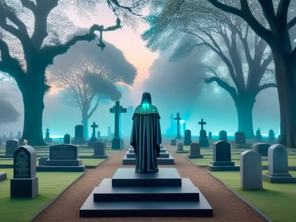 Un paisaje de cementerio virtual fusionando lo tradicional con lo futurista