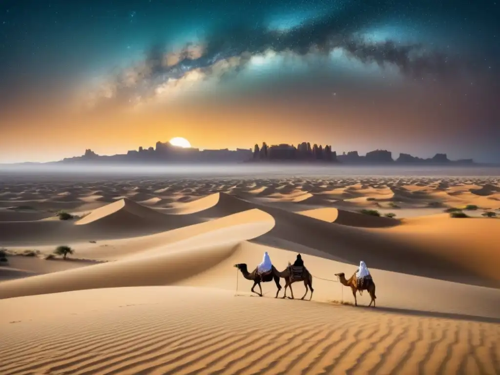 Un paisaje desértico majestuoso bajo un cielo estrellado en Arabia Saudita, con caligrafía árabe antigua y linajes flotando