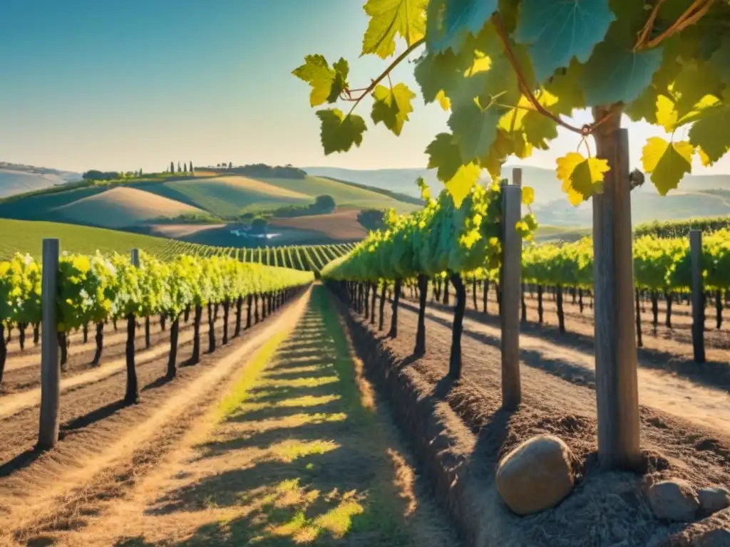 Un paisaje detallado de un viñedo vintage con filas de uvas verdes bajo un cielo azul