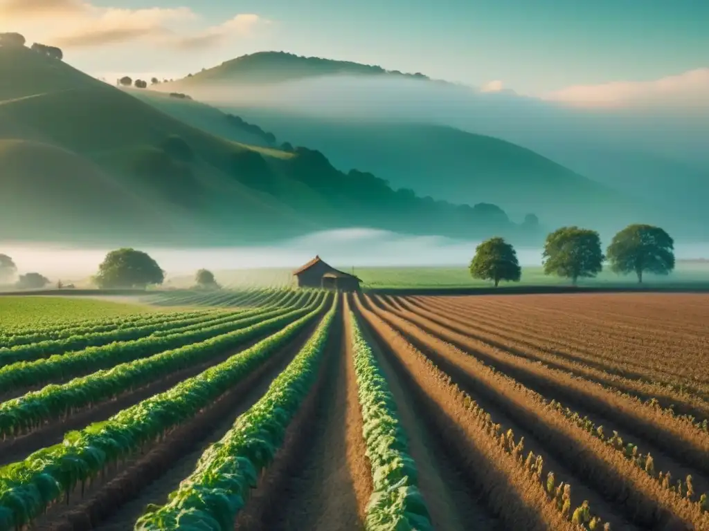 Paisaje agrícola ancestral con granjas y campesinos