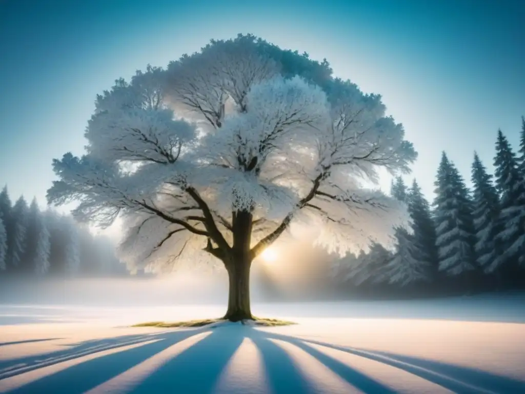 Un paisaje invernal sereno con un árbol helado en el centro, iluminado por la luz de la luna