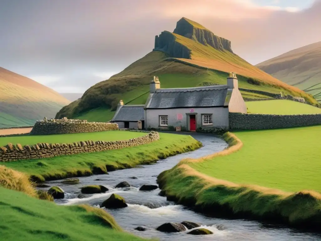 Paisaje irlandés con cabaña de techo de paja, río serpenteante y escudo familiar Finley entre nudos celtas y símbolos gaélicos al atardecer