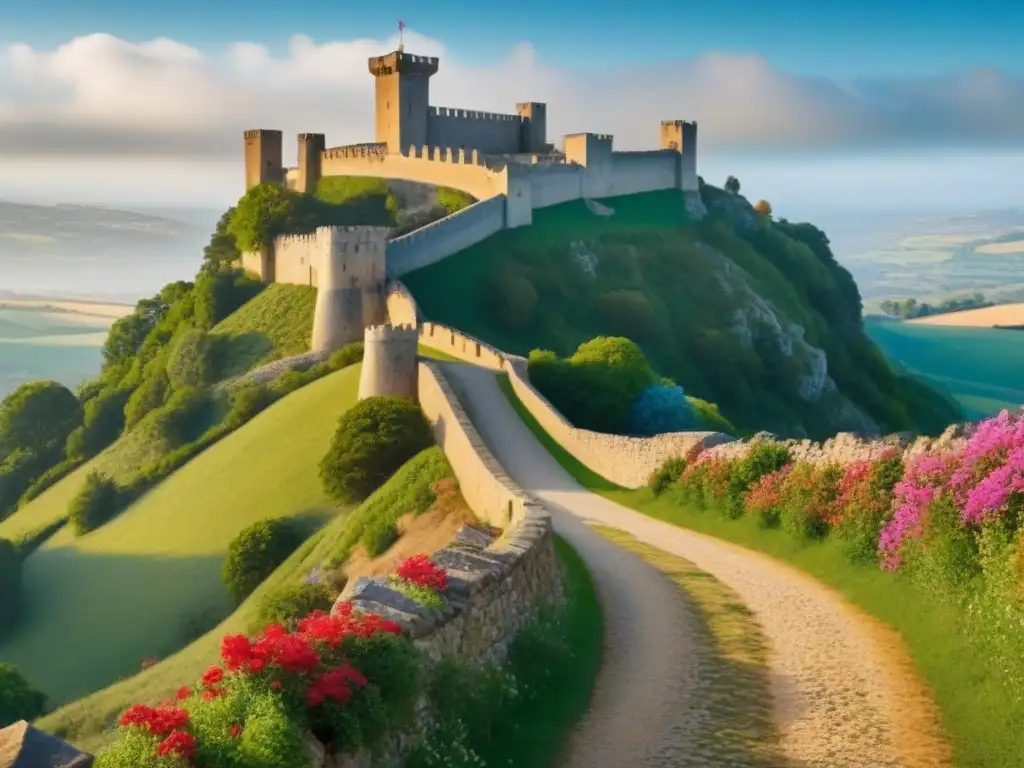 Paisaje medieval de un castillo en la colina rodeado de vegetación, evocando el origen del apellido Hernando en la Reconquista